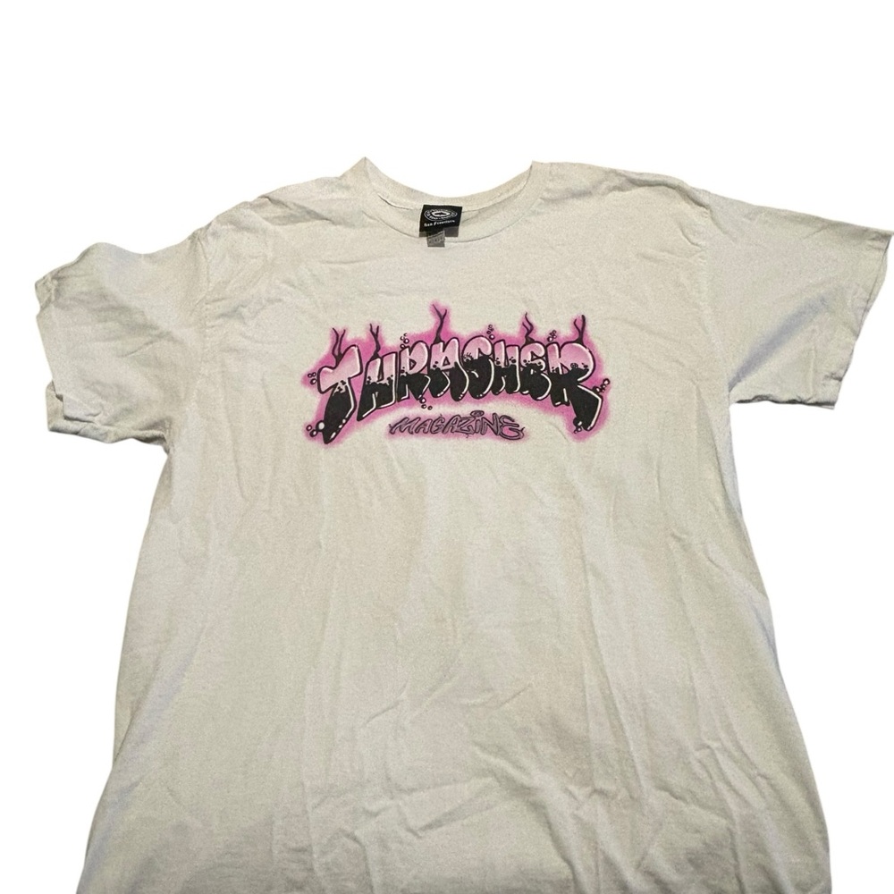 White Thrasher tee with pink accents #skaterstyle #thrasher #zumiez
